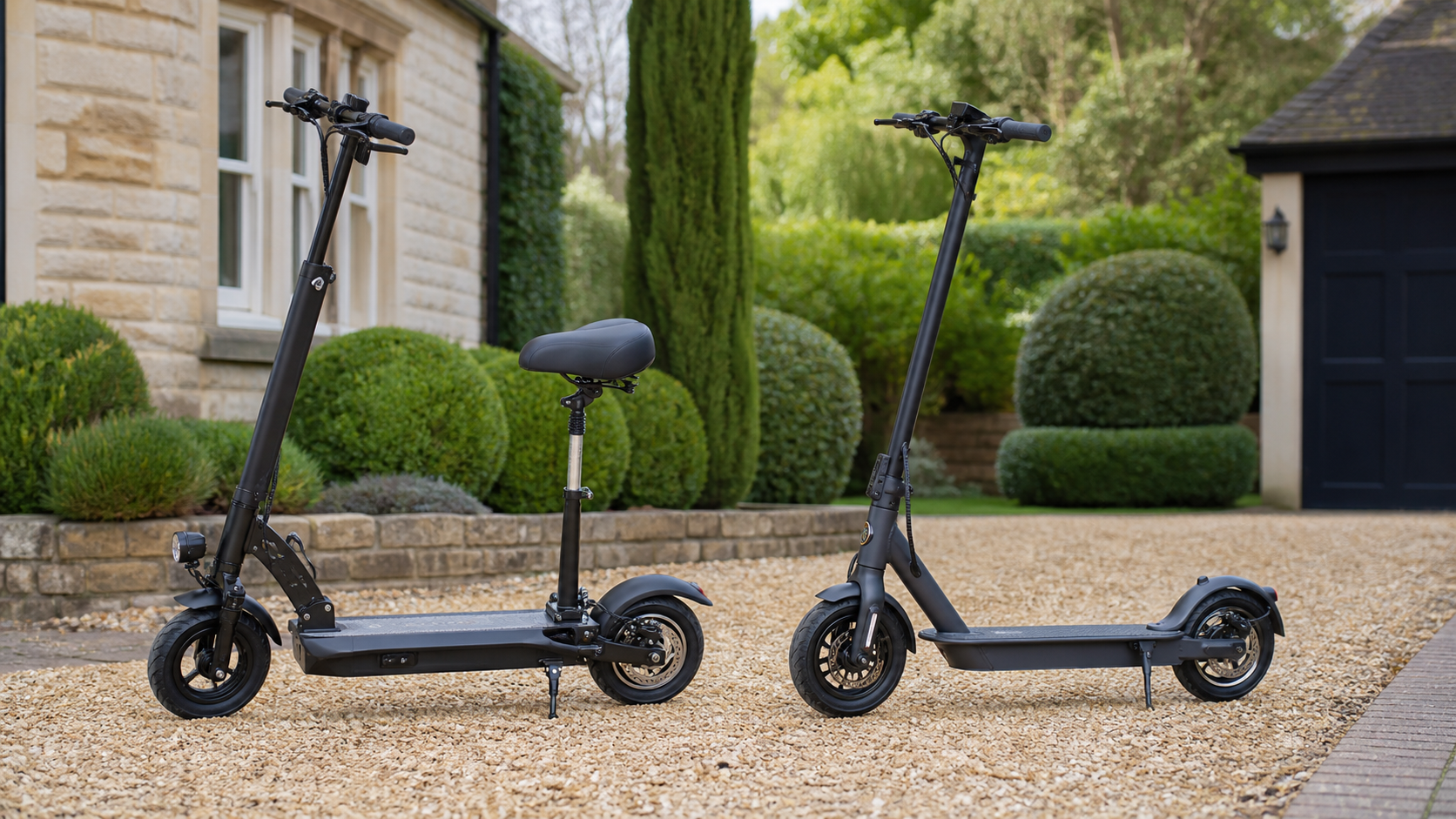 Standing and seated electric scooters compared on private land